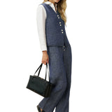 100% Linen Reversible Denim Texture Button Front Vest HARPER