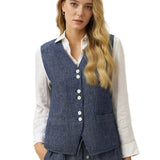 100% Linen Reversible Denim Texture Button Front Vest HARPER
