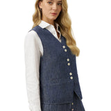 100% Linen Reversible Denim Texture Button Front Vest HARPER