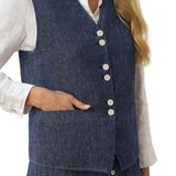100% Linen Reversible Denim Texture Button Front Vest HARPER