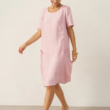 100% Linen Round Neck Patch Pocket Midi Dress XENA