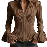 Women's Slim-Fit Rib-Knit Zip-Up Top with Flared Cuffs