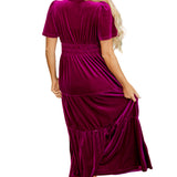 Red Dahlia Velvet Short Sleeve Shirred Waist Tiered Maxi Dress