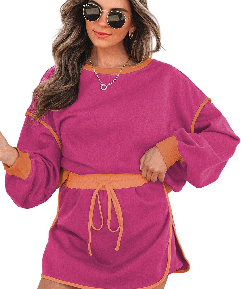 Black Color Contrast Loose Pullover and Lace-up Waist Skort Set