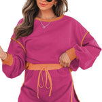 Black Color Contrast Loose Pullover and Lace-up Waist Skort Set