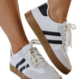 White Striped Lace Up Flat Sneakers