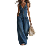 Women's Washed Denim Straight-Leg Loose Sleeveless Strap Jumpsuit with Pockets – 3 Colors