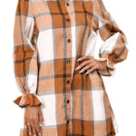 Khaki Plaid Pattern Collared Neck Ruffled Sleeve Shirt Dress