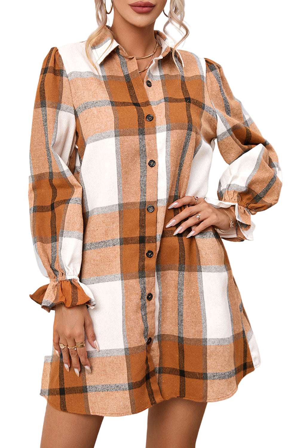 Khaki Plaid Pattern Collared Neck Ruffled Sleeve Shirt Dress