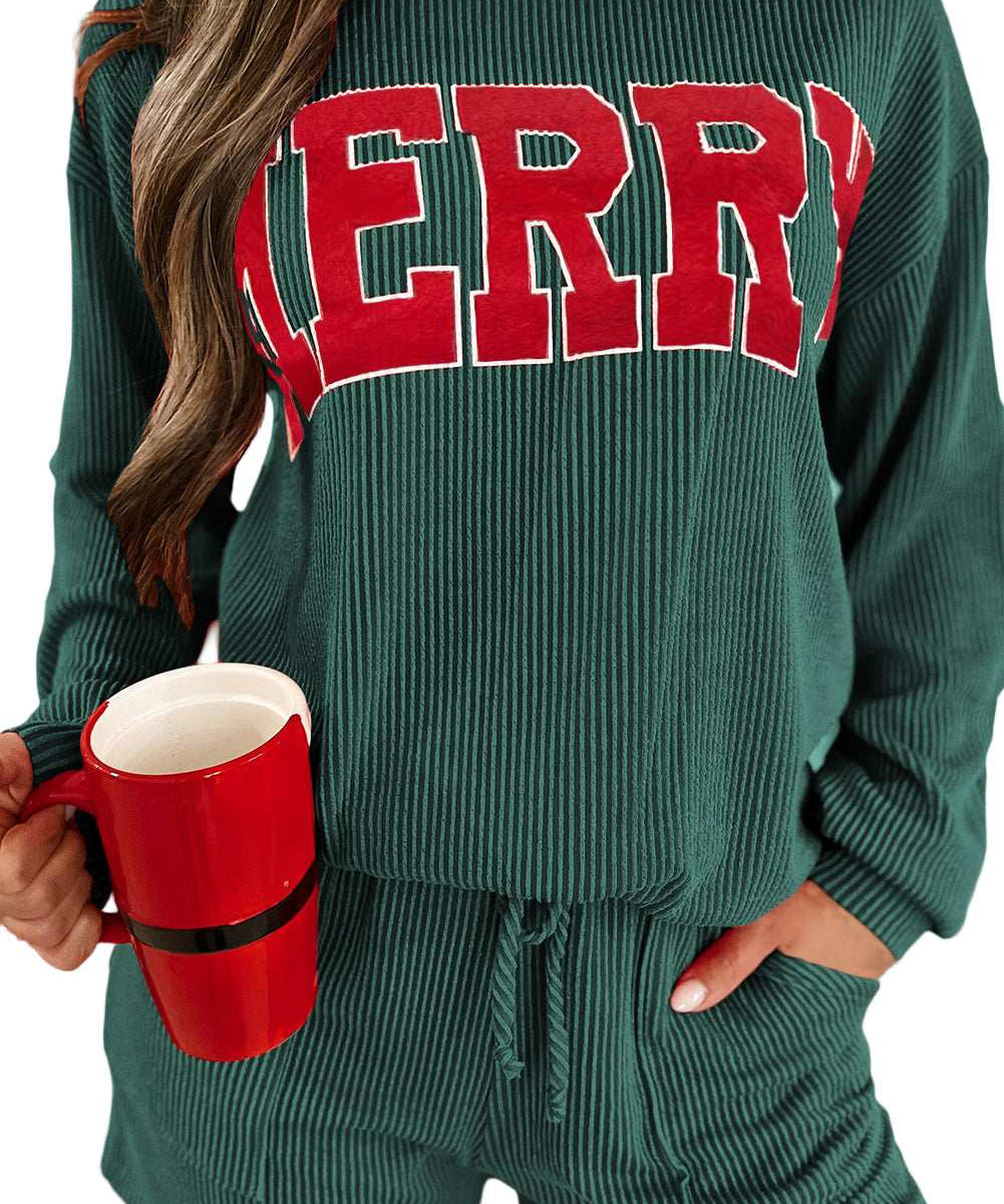 Racing Red Corded MERRY Graphic Long Sleeve Top and Shorts Set