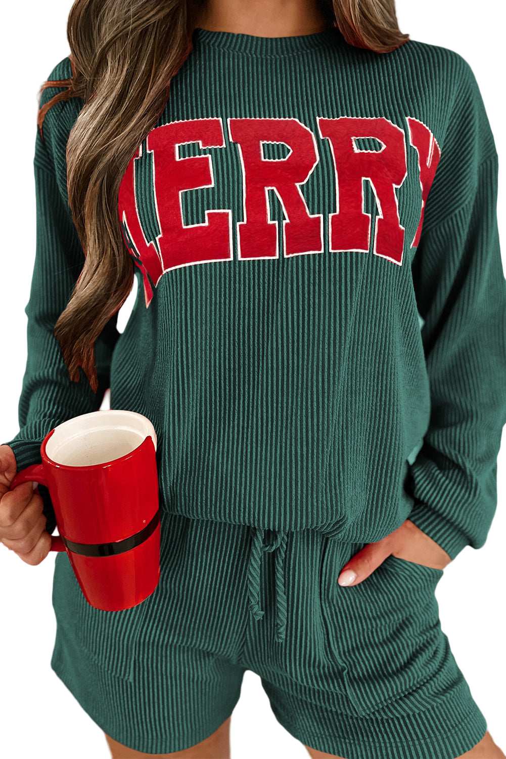 Racing Red Corded MERRY Graphic Long Sleeve Top and Shorts Set