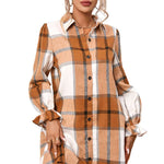 Khaki Plaid Pattern Collared Neck Ruffled Sleeve Shirt Dress