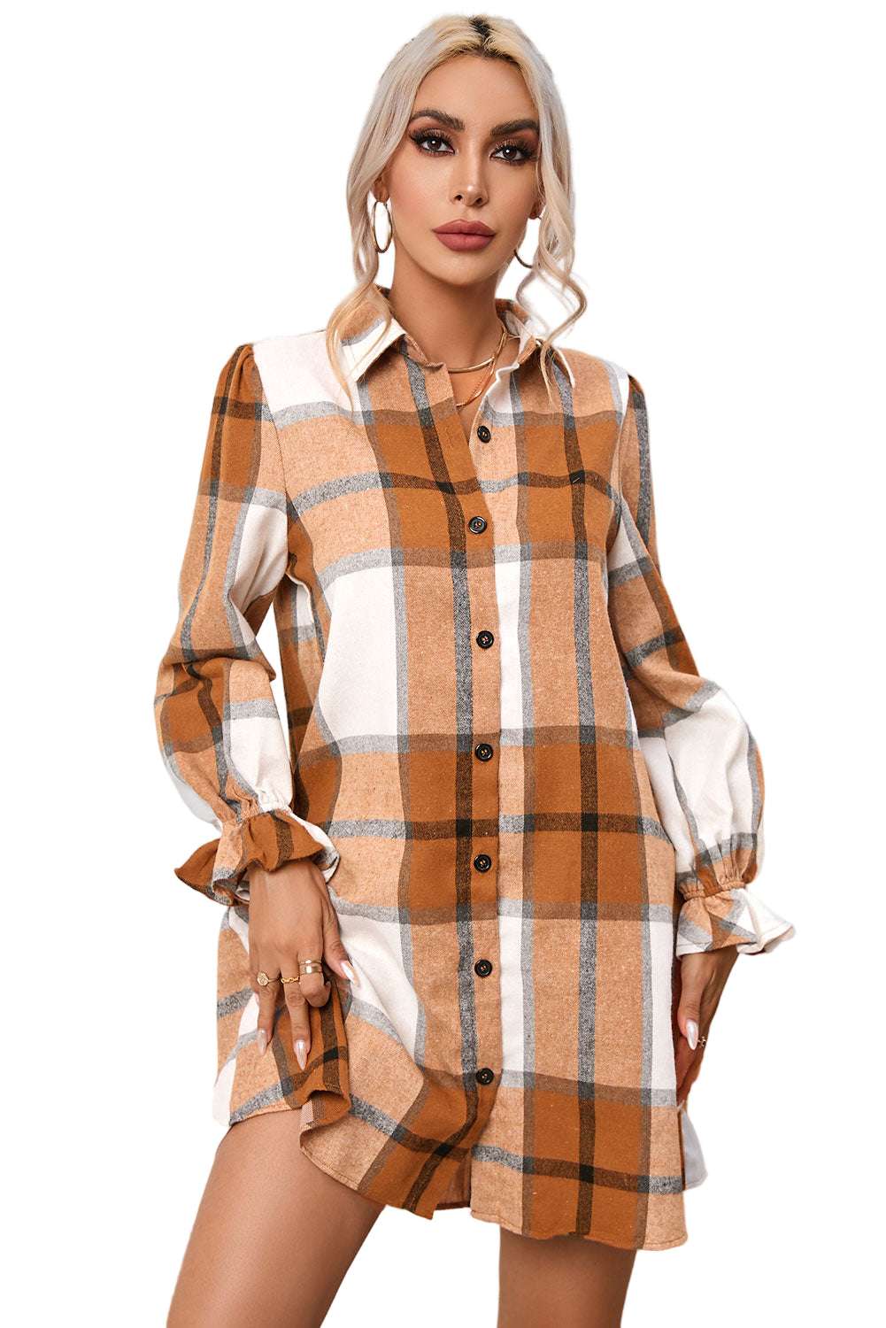 Khaki Plaid Pattern Collared Neck Ruffled Sleeve Shirt Dress