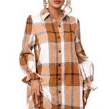 Khaki Plaid Pattern Collared Neck Ruffled Sleeve Shirt Dress