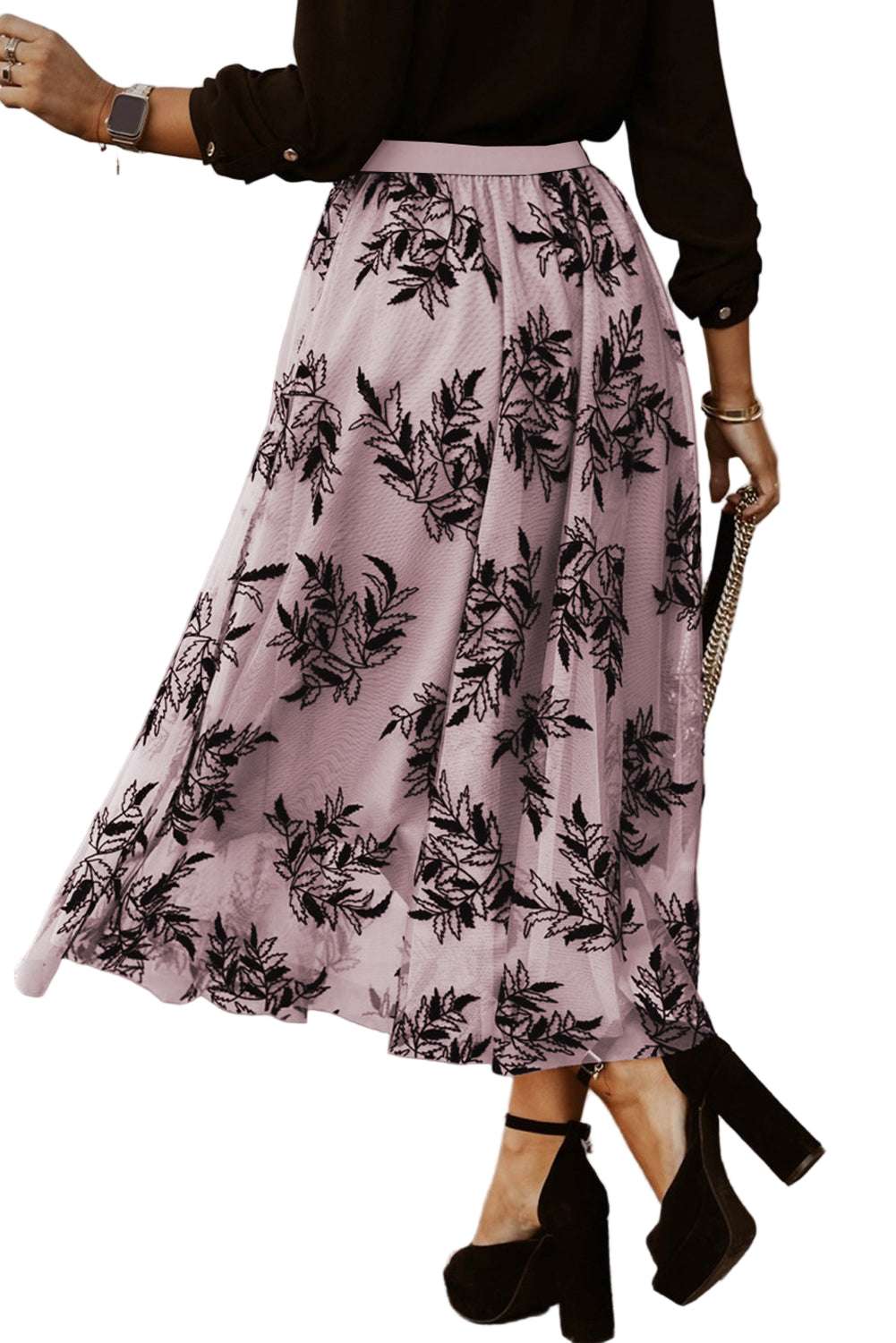 Peach Blossom Floral Leaves Embroidered High Waist Maxi Skirt