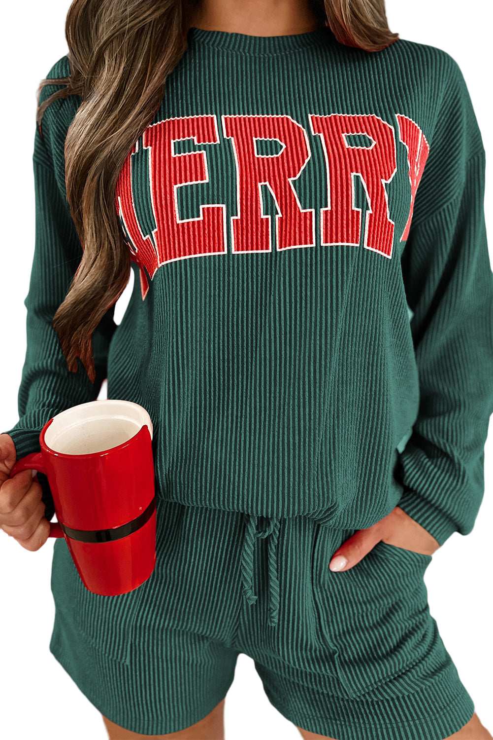 Racing Red Corded MERRY Graphic Long Sleeve Top and Shorts Set