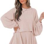 Jet Stream Corded Lantern Sleeve Top High Waist Ruffled Mini Skirt Set