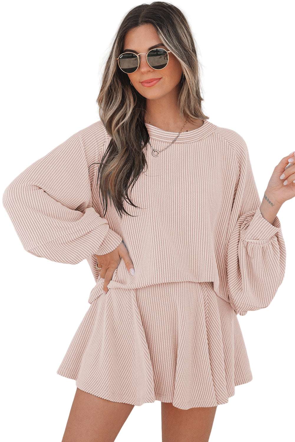 Jet Stream Corded Lantern Sleeve Top High Waist Ruffled Mini Skirt Set