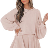 Jet Stream Corded Lantern Sleeve Top High Waist Ruffled Mini Skirt Set
