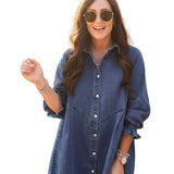 Women's Three-Quarter Sleeve Denim Dress – Ruffle Detail Mid-Length