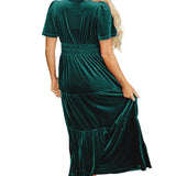 Red Dahlia Velvet Short Sleeve Shirred Waist Tiered Maxi Dress
