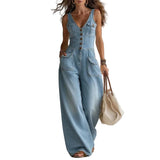 Women's Washed Denim Straight-Leg Loose Sleeveless Strap Jumpsuit with Pockets – 3 Colors