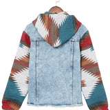 Geometric Print Frayed Hem Denim Jacket