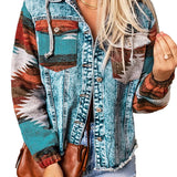 Geometric Print Frayed Hem Denim Jacket