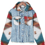 Geometric Print Frayed Hem Denim Jacket