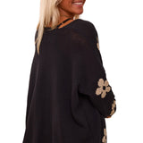 Black Floral Print Knitted Open Front Loose Cardigan