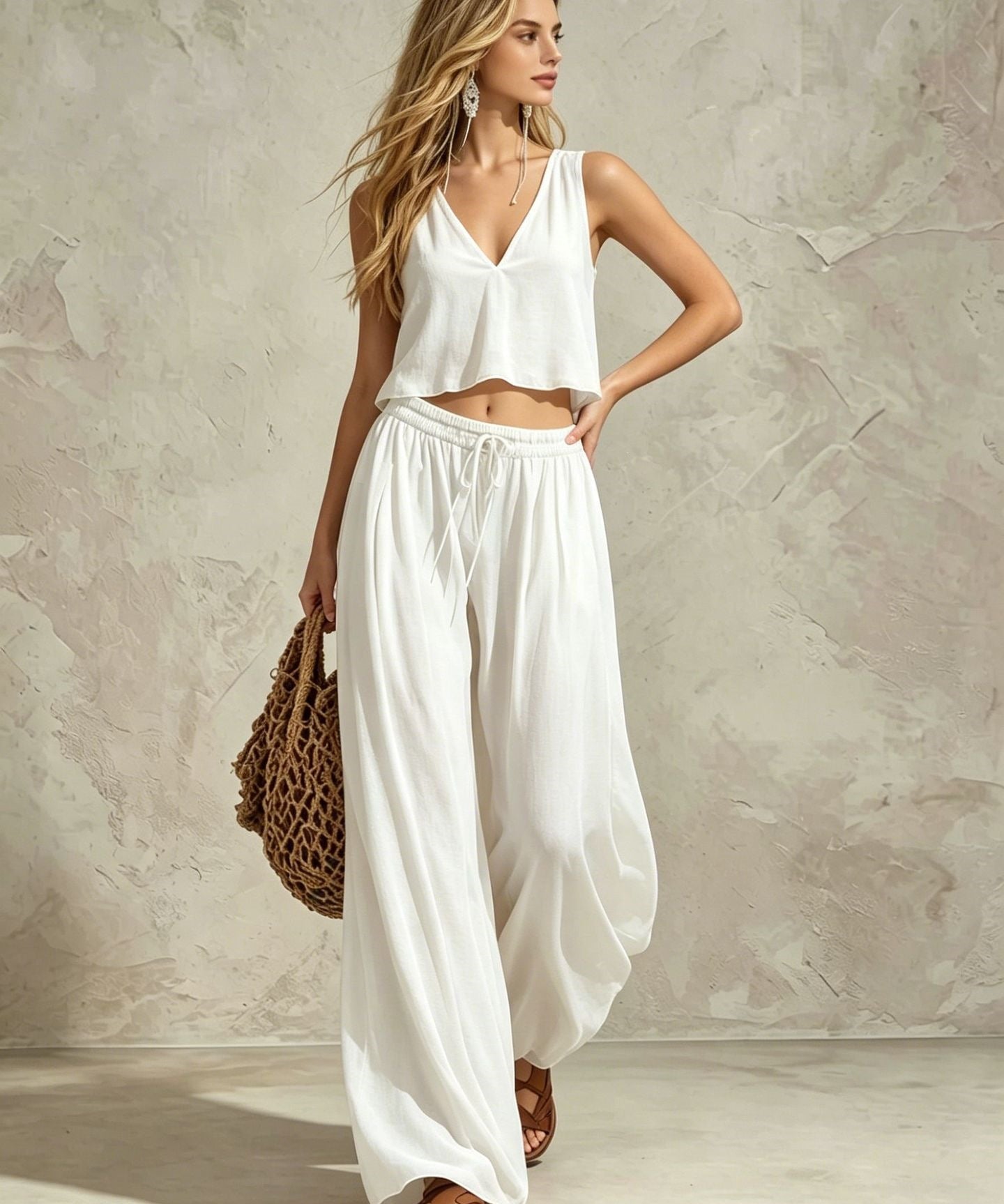 Women's V-Neck Sleeveless Camisole Top & Wide Leg Pants Set