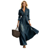 Women's Denim Maxi Shirt Dress – Cinched Waist & Flared Raw Hem Skirt