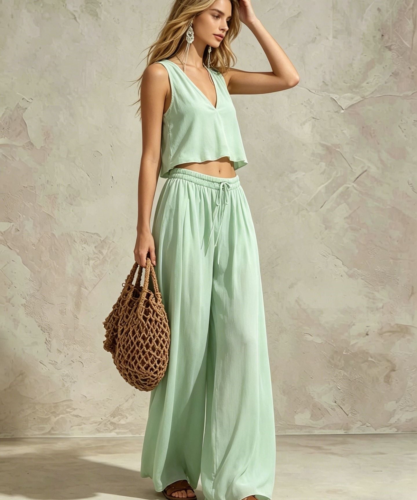 Women's V-Neck Sleeveless Camisole Top & Wide Leg Pants Set