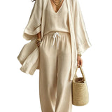 Women's 3-Piece Cardigan, Sleeveless Vest & Wide Leg Pants Set