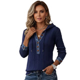 Denim-Panel Cable Knit Hooded Pullover