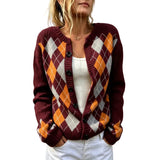 DIAMOND PATTERN Round-Neck Long-Sleeve Cardigan Jacket