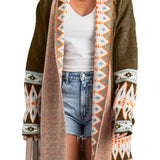 Brown Aztec Print Open Front Knitted Cardigan