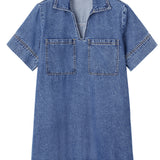 Blue Short Sleeve Collared Patched Pocket Denim Mini Dress