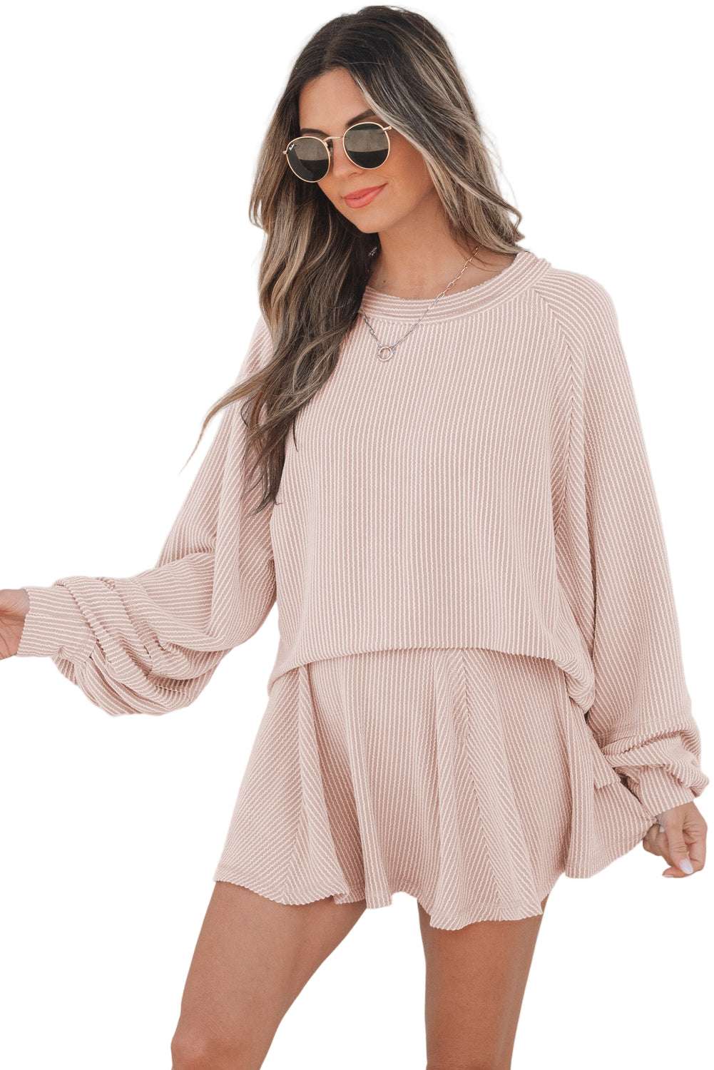Jet Stream Corded Lantern Sleeve Top High Waist Ruffled Mini Skirt Set