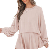 Jet Stream Corded Lantern Sleeve Top High Waist Ruffled Mini Skirt Set
