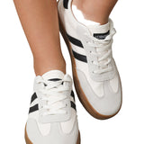 White Striped Lace Up Flat Sneakers