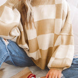 Dark Brown Checkered Bishop Sleeve Sweater