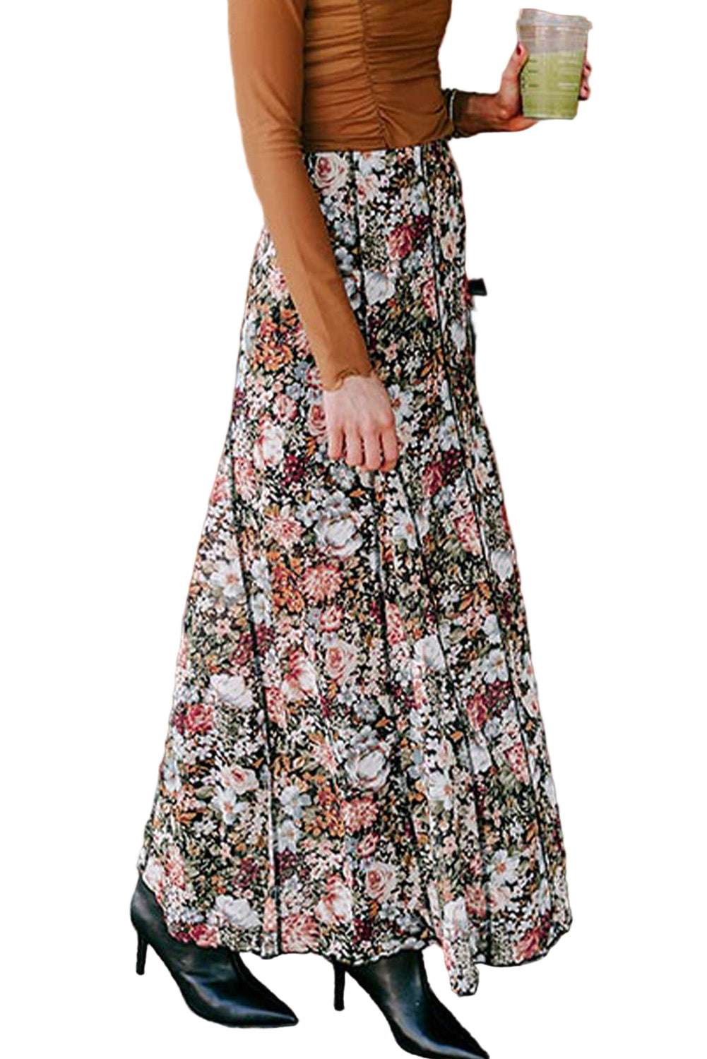 Brown Floral Print High Waist Maxi Skirt