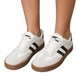 White Striped Lace Up Flat Sneakers