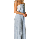Beau Blue Light Wash Frayed Exposed Seam Wide Leg Denim Overall
