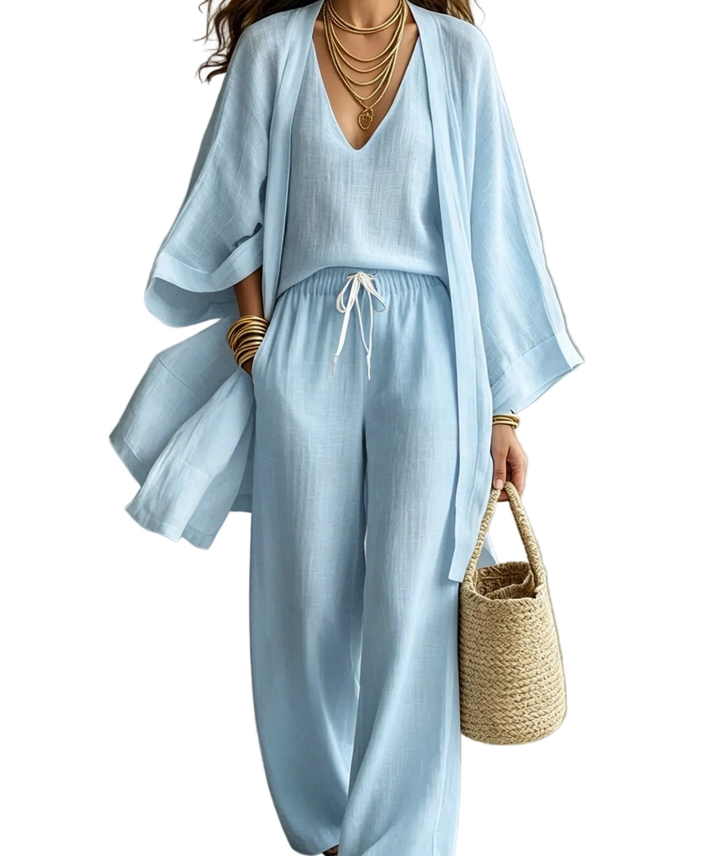 Women's 3-Piece Cardigan, Sleeveless Vest & Wide Leg Pants Set
