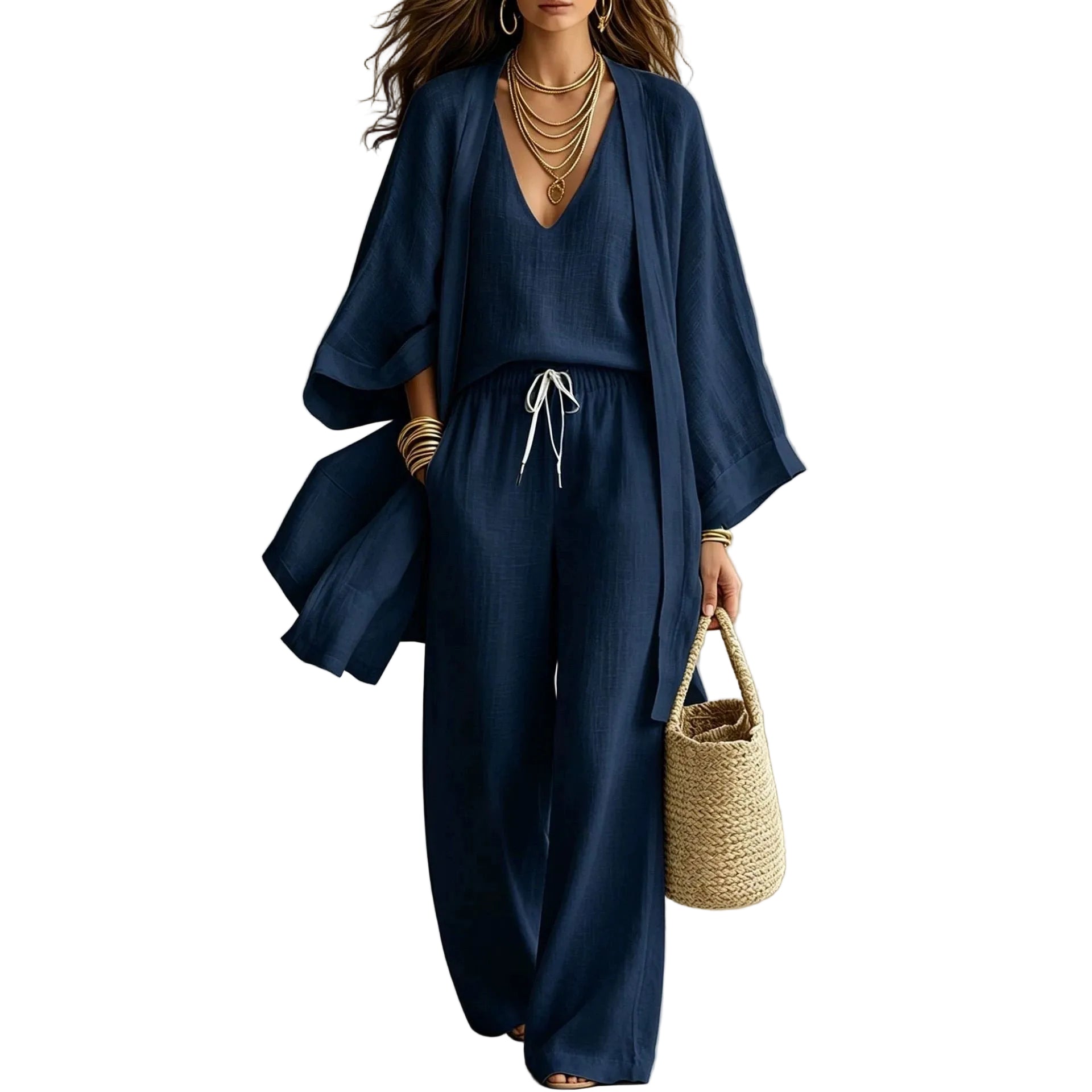 Women's 3-Piece Cardigan, Sleeveless Vest & Wide Leg Pants Set