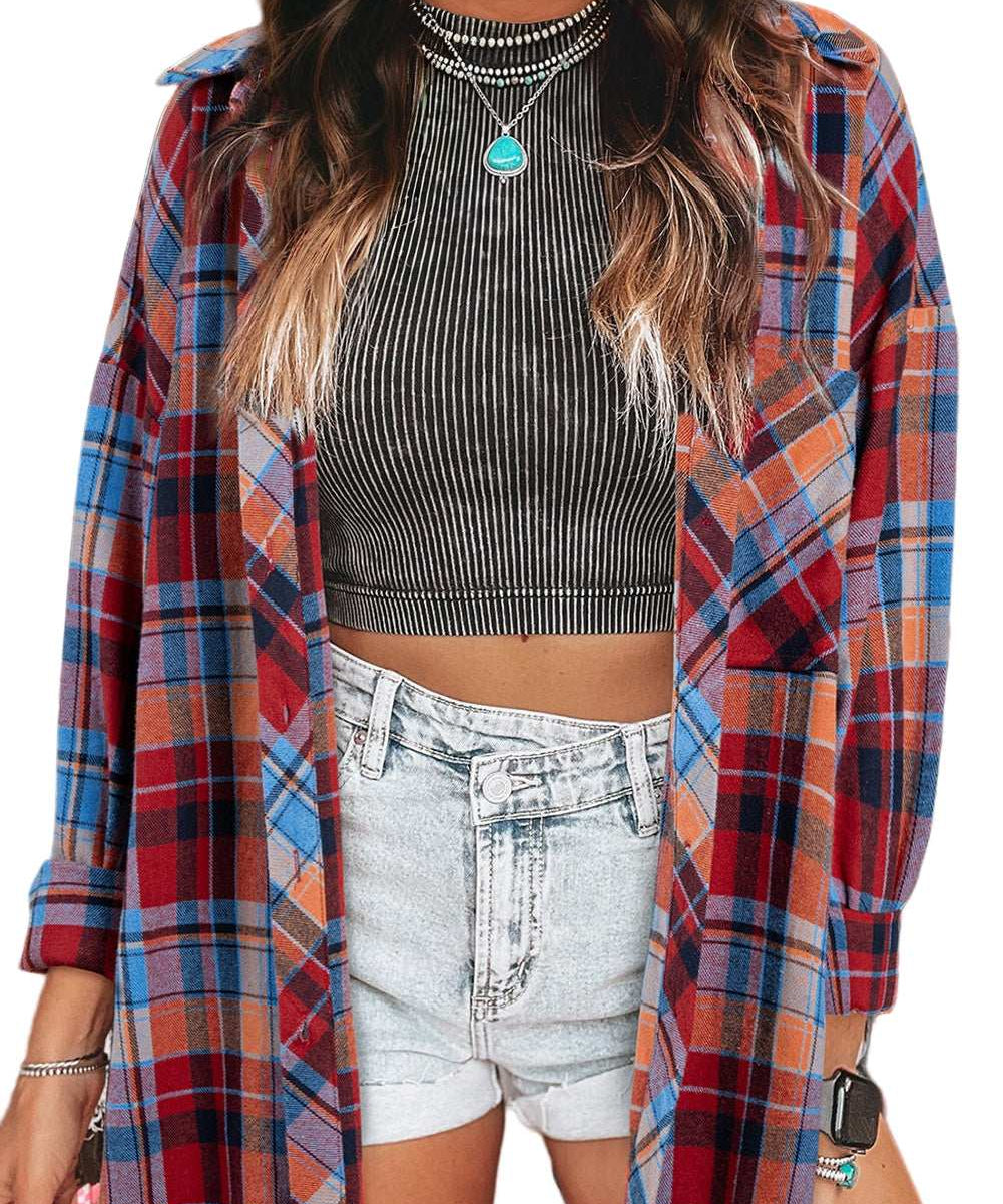 Orange Plaid Print Loose Vintage Shirt