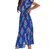 Sky Blue Floral Puff Short Sleeve V Neck High Waist Maxi Dress