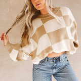 Dark Brown Checkered Bishop Sleeve Sweater